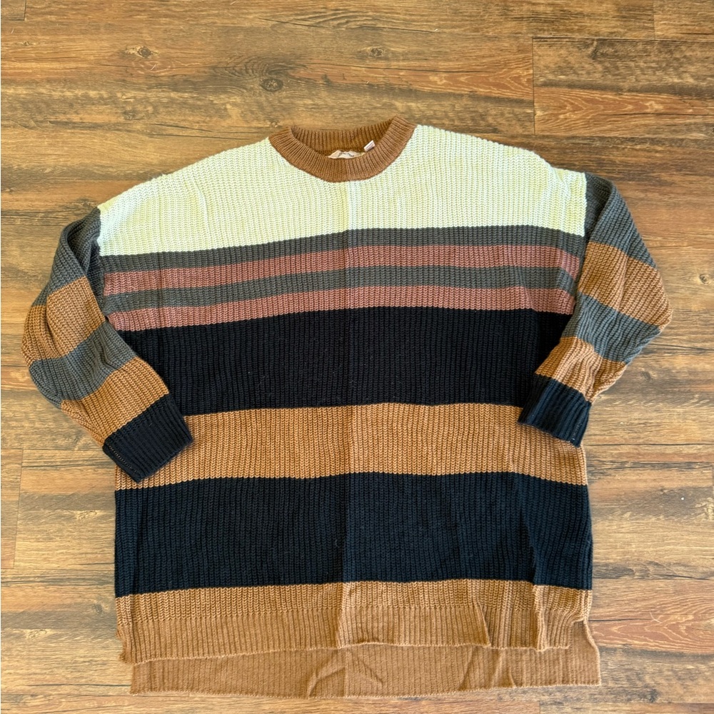 Women's Striped Crew Neck Sweater - Brown, Black, Cream